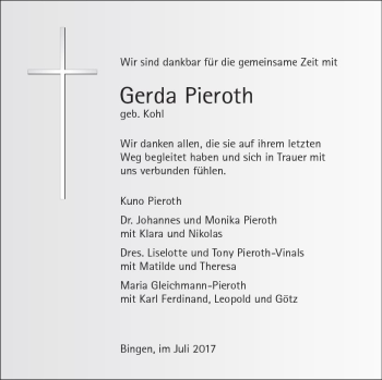 Traueranzeige von Gerda Pieroth von Trauerportal Rhein Main Presse