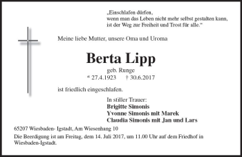 Traueranzeige von Berta Lipp von Trauerportal Rhein Main Presse