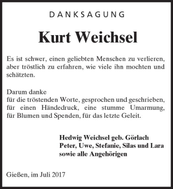 Traueranzeige von Kurt Weichsel von  Gießener Anzeiger
