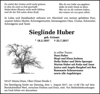Traueranzeige von Sieglinde Huber von Trauerportal Rhein Main Presse