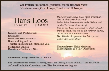 Traueranzeige von Hans Loos von Trauerportal Rhein Main Presse