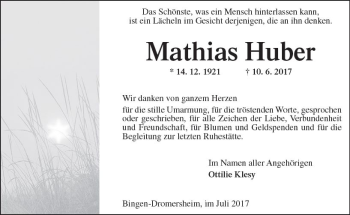 Traueranzeige von Mathias Huber von Trauerportal Rhein Main Presse