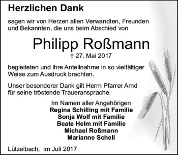 Traueranzeige von Philipp Roßmann von Trauerportal Echo Online