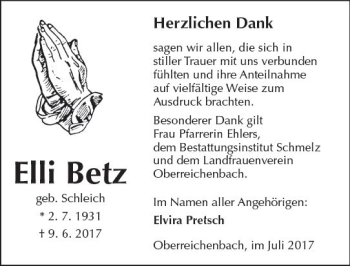Traueranzeige von Elli Betz von  Kreisanzeiger