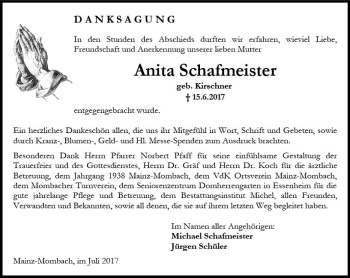 Traueranzeige von Anita Schafmeister von Trauerportal Rhein Main Presse