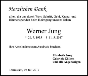 Traueranzeige von Werner Jung von Trauerportal Echo Online