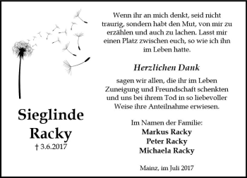 Traueranzeige von Sieglinde Racky von Trauerportal Rhein Main Presse