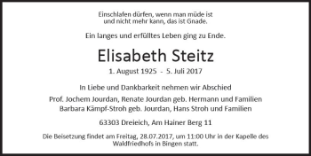 Traueranzeige von Elisabeth Steitz von Trauerportal Rhein Main Presse