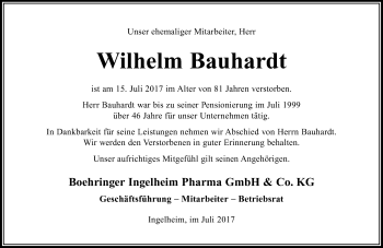 Traueranzeige von Wilhelm Bauhardt von Trauerportal Rhein Main Presse