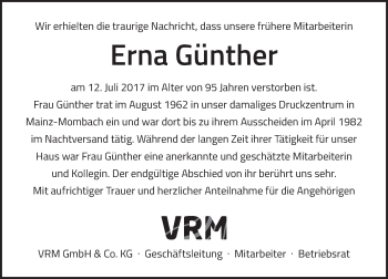 Traueranzeige von Erna Günther von Trauerportal Rhein Main Presse