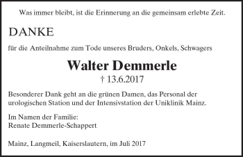 Traueranzeige von Walter Demmerle von Trauerportal Rhein Main Presse