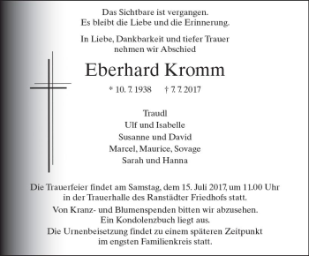 Traueranzeige von Eberhard Kromm von  Kreisanzeiger