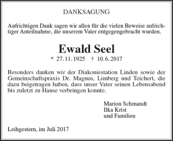 Traueranzeige von Ewald Seel von  Gießener Anzeiger