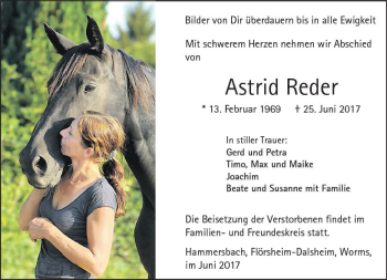 Traueranzeige von Astrid Reder von Trauerportal Rhein Main Presse