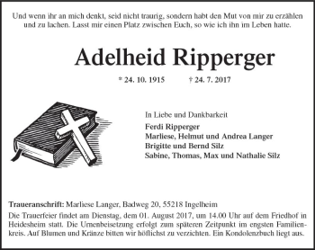 Traueranzeige von Adelheid Ripperger von Trauerportal Rhein Main Presse