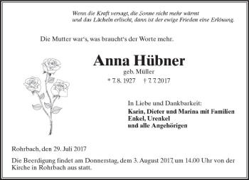 Traueranzeige von Anna Hübner von  Kreisanzeiger