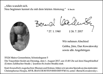 Traueranzeige von Bernd Kowalewsky von Trauerportal Rhein Main Presse