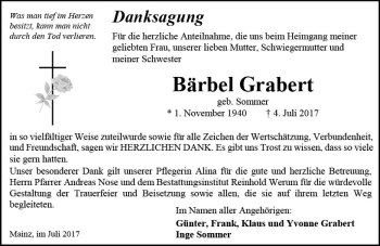 Traueranzeige von Bärbel Graben von Trauerportal Rhein Main Presse