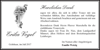 Traueranzeige von Erika Vogel von  Kreisanzeiger