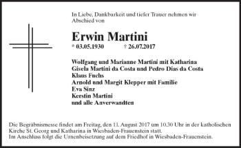 Traueranzeige von Erwin Martini von Trauerportal Rhein Main Presse