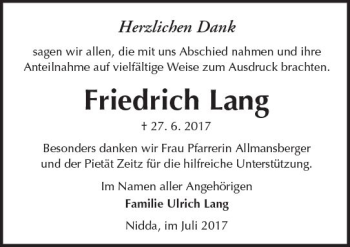 Traueranzeige von Friedrich Lang von  Kreisanzeiger