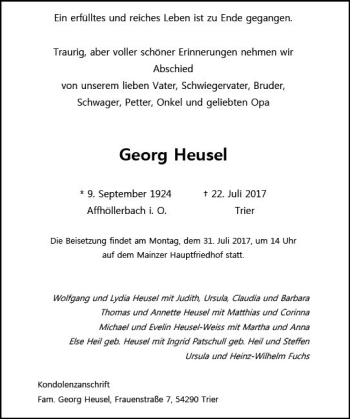 Traueranzeige von Georg Heusel von Trauerportal Rhein Main Presse