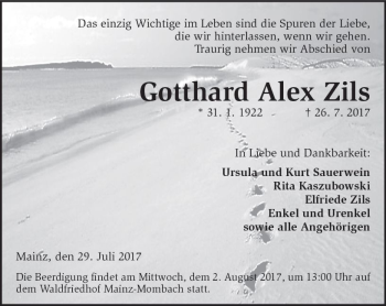 Traueranzeige von Gotthard Alex Zils von Trauerportal Rhein Main Presse