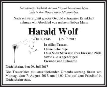 Traueranzeige von Harald Wolf von  Kreisanzeiger