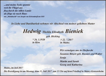 Traueranzeige von Hedwig Thekla Elisabeth Bieniek von Trauerportal Rhein Main Presse