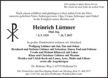 Traueranzeige von Heinrich Lüttmer von Trauerportal Rhein Main Presse