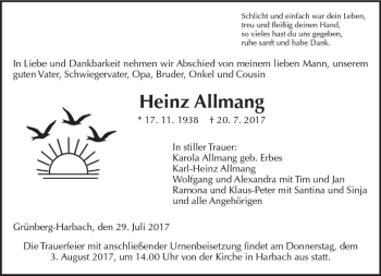 Traueranzeige von Heinz Allmang von  Gießener Anzeiger