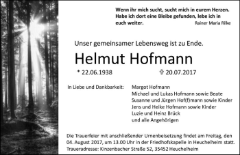 Traueranzeige von Helmut Hofmann von  Gießener Anzeiger