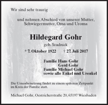 Traueranzeige von Hildegard Cohr von Trauerportal Rhein Main Presse
