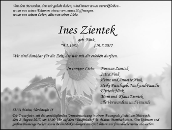Traueranzeige von Ines Zientek von Trauerportal Rhein Main Presse
