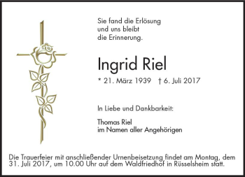Traueranzeige von Ingrid Riel von Trauerportal Rhein Main Presse