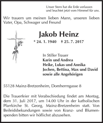 Traueranzeige von Jakob Heinz von Trauerportal Rhein Main Presse