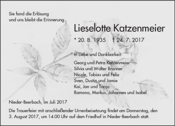 Traueranzeige von Lieselotte Katzenmeier von Trauerportal Echo Online