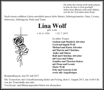 Traueranzeige von Lina Wolf von  Kreisanzeiger