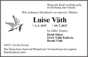 Traueranzeige von Luise Väth von Trauerportal Echo Online