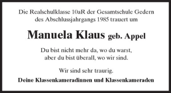 Traueranzeige von Manuela Klaus von  Kreisanzeiger