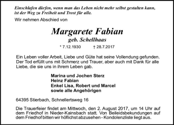 Traueranzeige von Margarete Fabian von Trauerportal Echo Online