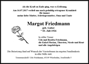 Traueranzeige von Margot Friedmann von Trauerportal Rhein Main Presse