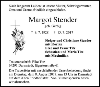 Traueranzeige von Margot Stender von Trauerportal Echo Online