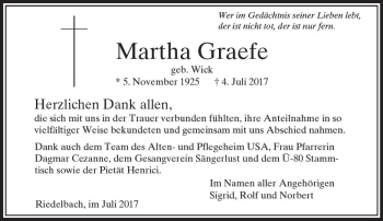 Traueranzeige von Martha Graefe von  Usinger Anzeiger