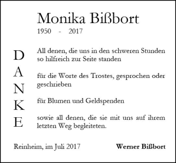 Traueranzeige von Monika Bißbort von Trauerportal Echo Online