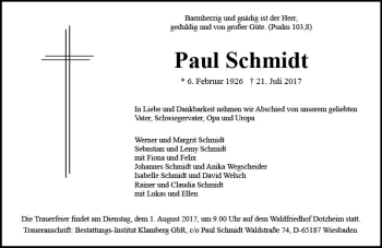 Traueranzeige von Paul Schmidt von Trauerportal Rhein Main Presse