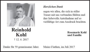 Traueranzeige von Reinhold Kohl von Trauerportal Rhein Main Presse