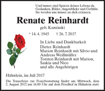 Traueranzeige von Renate Reinhardt von Trauerportal Echo Online