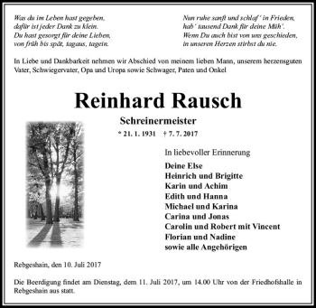Traueranzeige von Reinhard Rausch von VRM Trauer