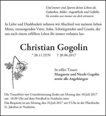 Traueranzeige von Christian Gogolin von Trauerportal Rhein Main Presse